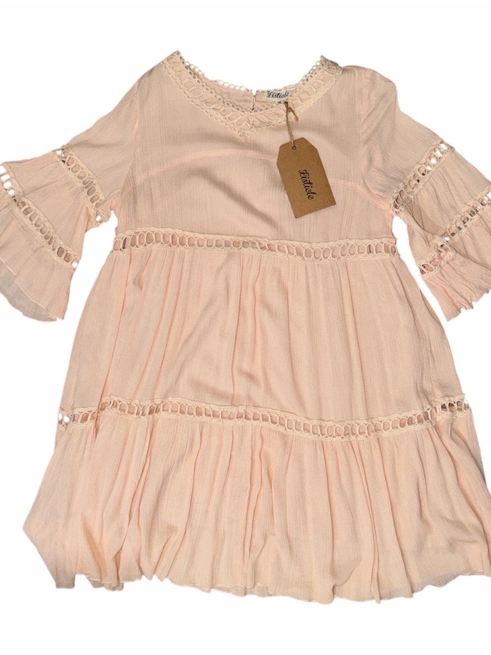 LISTICLE Blush Pink Lace-Trim Dress with Bell Sleeves